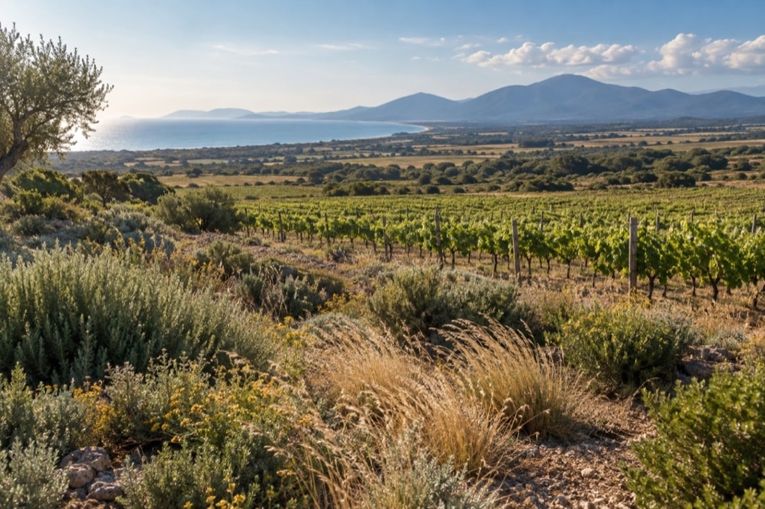 Vigneto nella Maremma costiera con macchia mediterranea e mare in lontananza