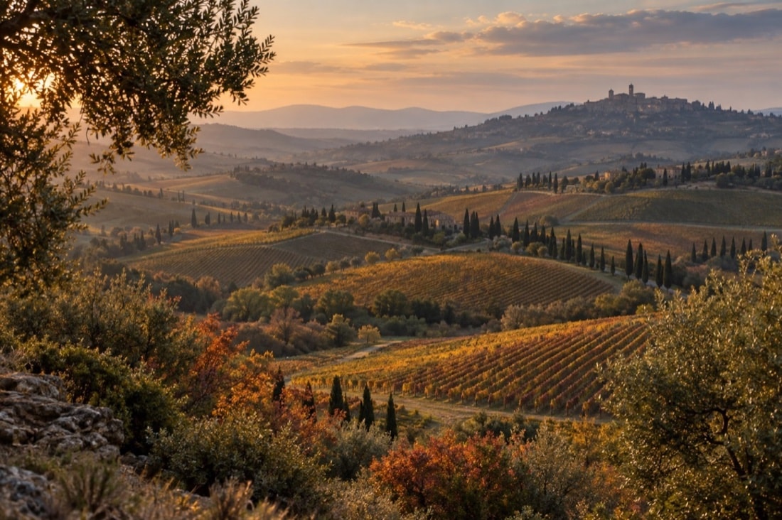 Weinberge und Olivenhaine in der herbstlichen Hügellandschaft von Montalcino